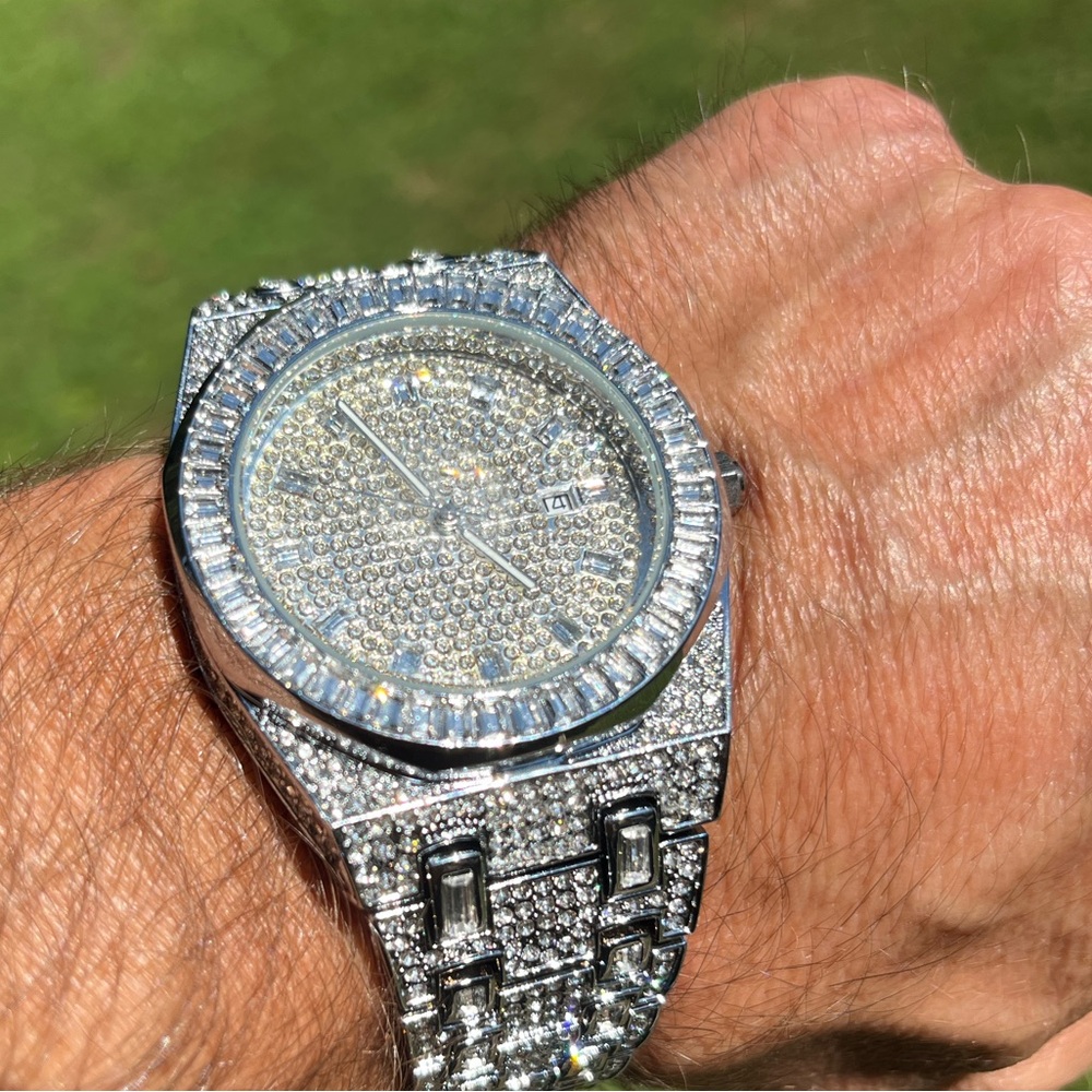 Silver Iced out bust down watch Mens simulated diamonds Stainless Steel